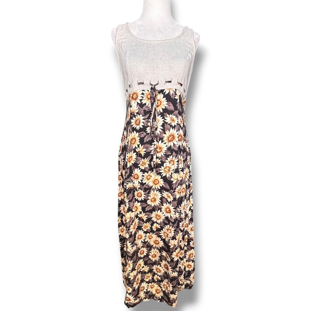 All That Jazz Vintage 90s Sunflower Maxi Dress Linen Blend Floral Boho Cottage